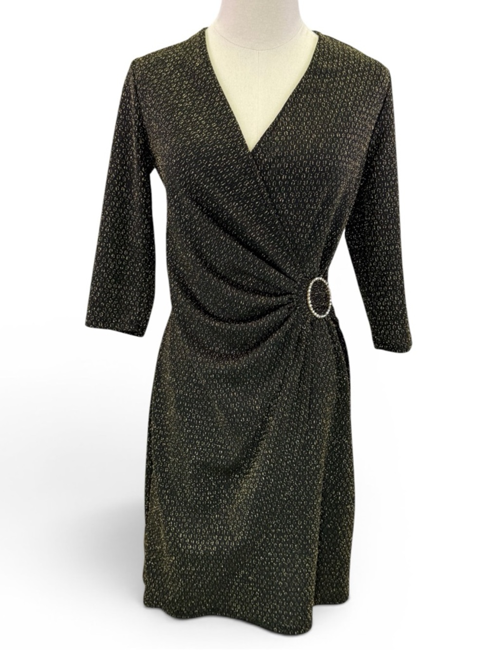Luxology‎ Black Gold Metallic Knit Faux Wrap Dress Rhinestone Buckle Size S
